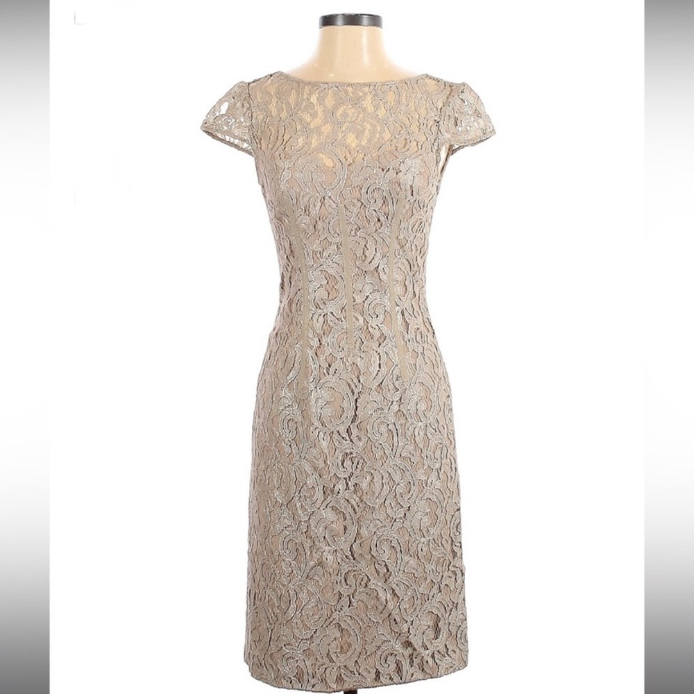 Monique lhuillier pale gold lace cocktail dress NWT